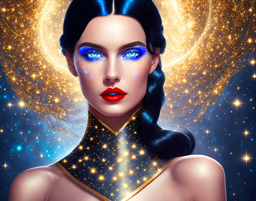 Illustrated portrait of woman with vibrant blue eyes in cosmic backdrop.