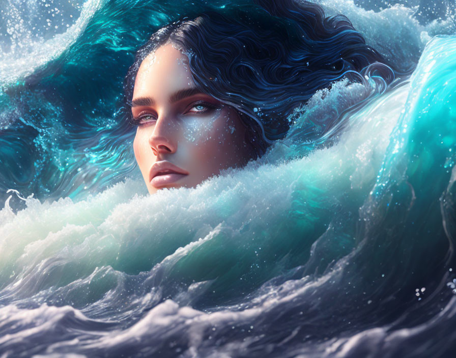 Digital artwork: Woman's face in ocean waves with dark hair blending