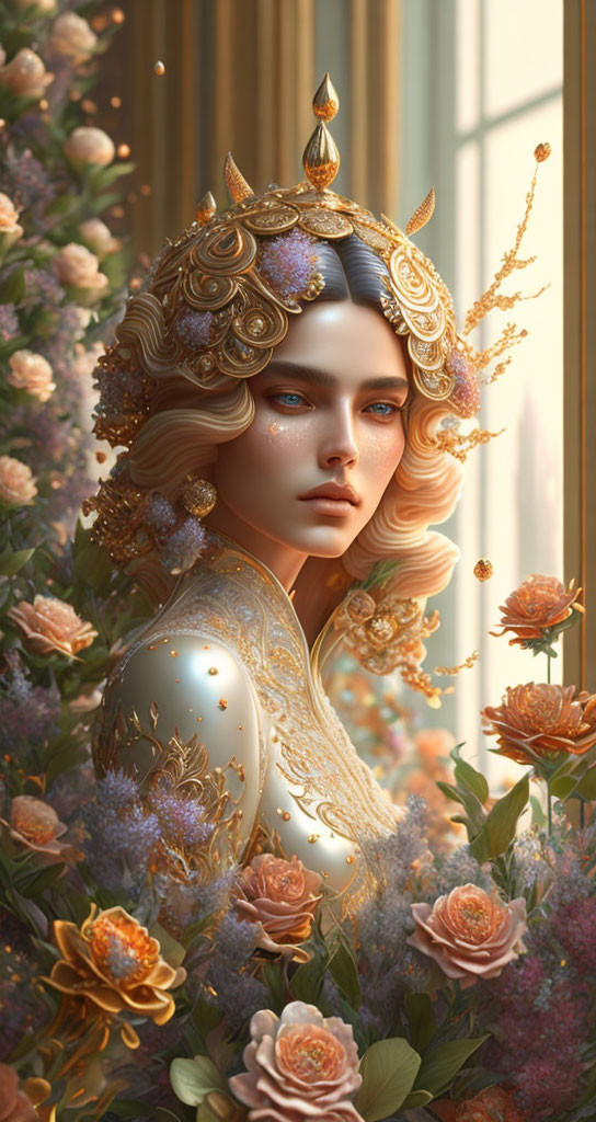 Fantasy female character portrait with golden headpiece and floral background