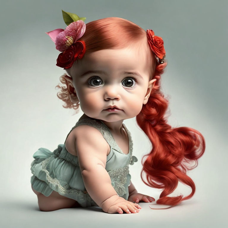 Digital artwork: Baby with big eyes, red hair, flowers, pastel dress