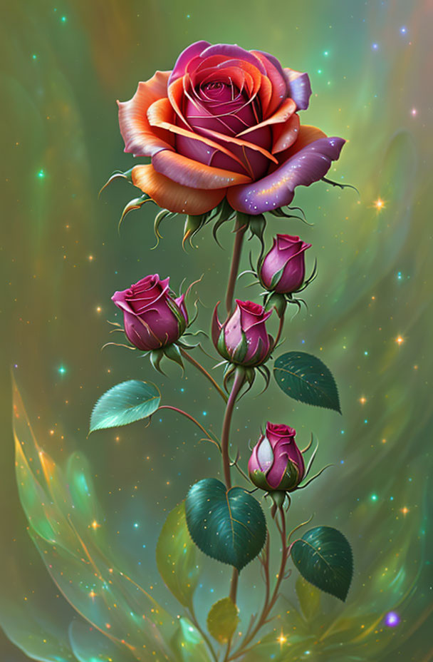 Vibrant rose digital painting with orange, pink, and purple petals on a starry green background