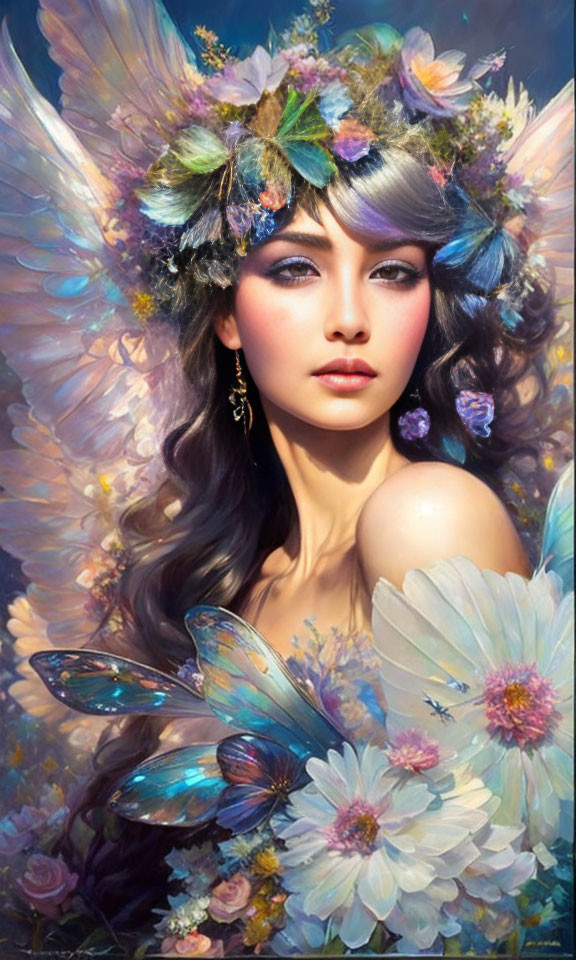 Fantastical painting of woman with butterfly wings and floral wreath