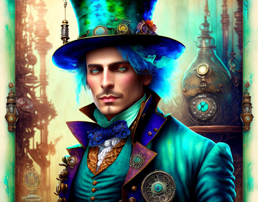 Steampunk-inspired man with top hat, blue hair, and industrial backdrop