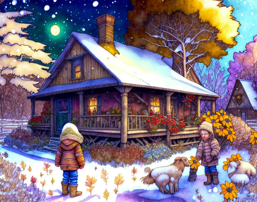 Winter scene: Children, dogs, and cozy cottage in snowy night