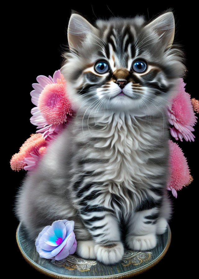 Gray and White Kitten with Blue Eyes on Decorative Plate with Pink Flowers