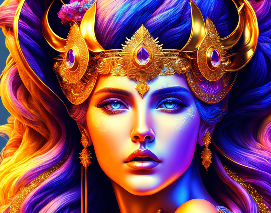 Colorful digital artwork: woman with gold headdress and flowing hair on blue background