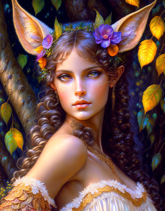 Fantasy digital art: Female figure with elfin ears and floral accessories in autumn setting.