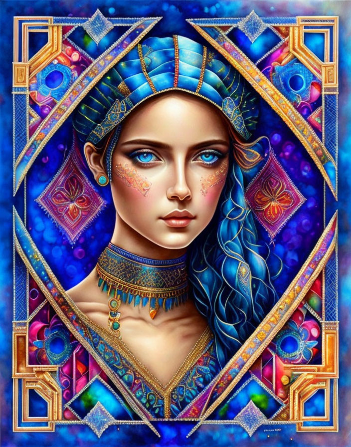 Vibrant portrait of a woman with blue headwear and intricate jewelry on a patterned background.