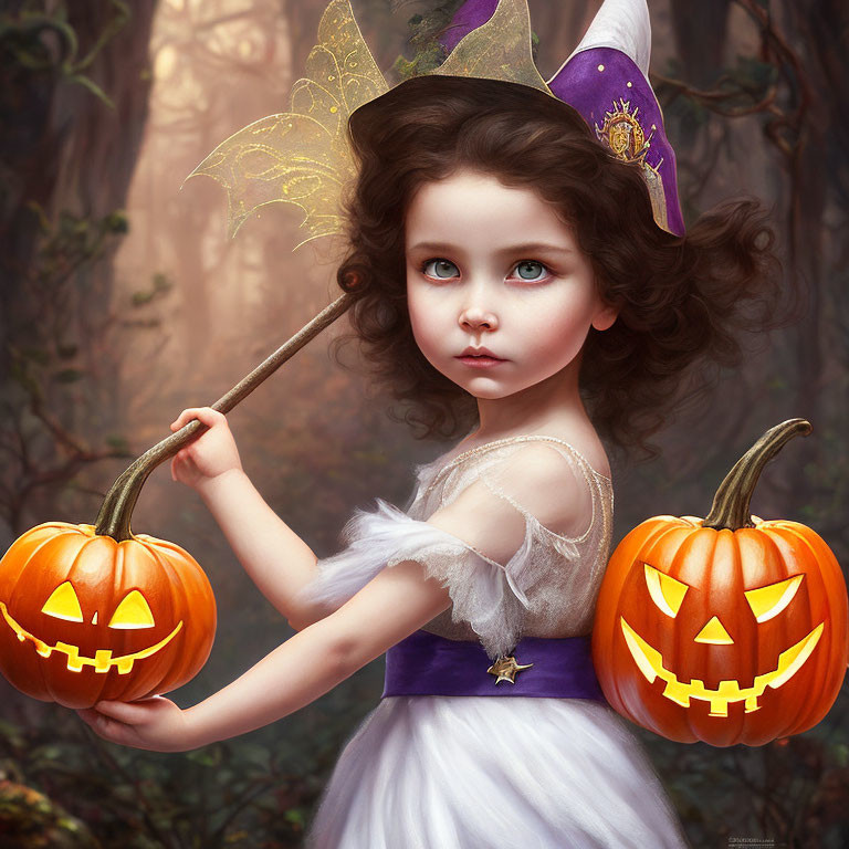 Young girl in witch costume with jack-o'-lanterns in misty forest.