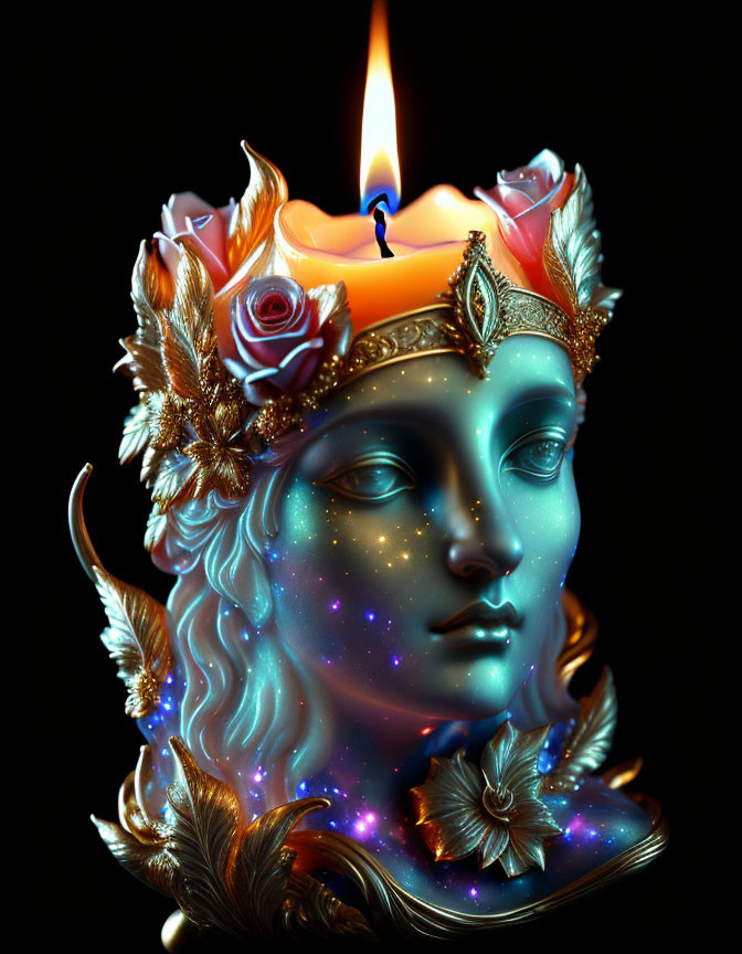 Surreal candle sculpture: woman's head with cosmic skin, leafy crown, and melting wax