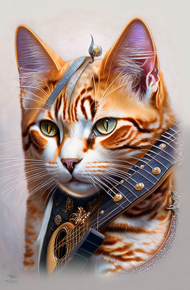 Colorful Cat Artwork with Guitar Elements