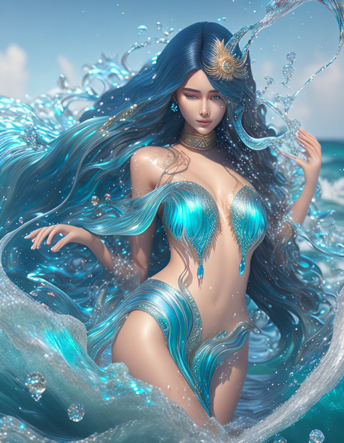 Mermaid with Blue Hair and Silvery Scales Emerges from Ocean Waves