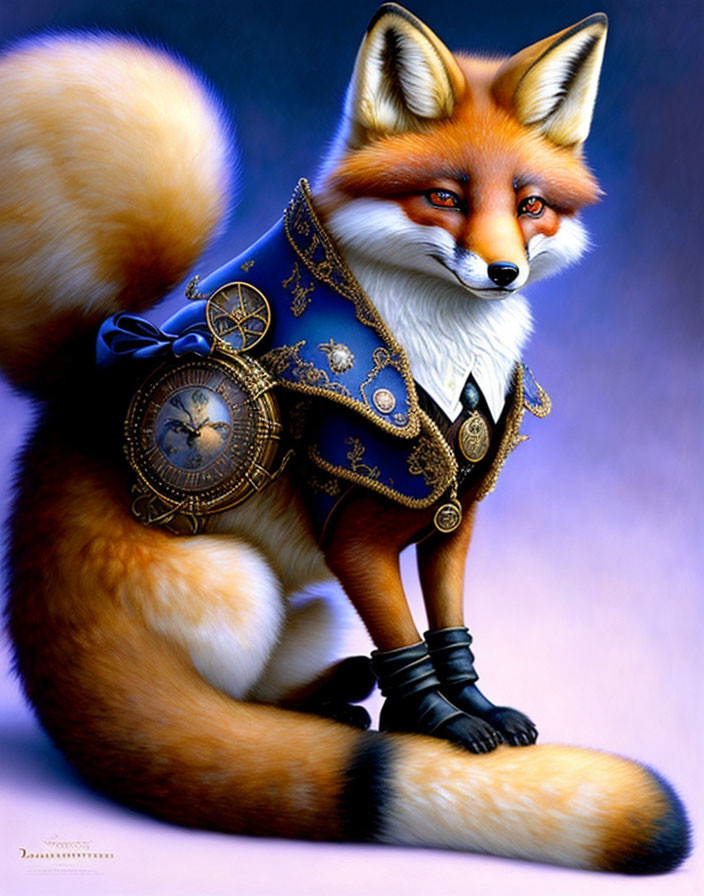 Anthropomorphic fox illustration in regal blue coat with golden embroidery, pocket watch, and black gloves