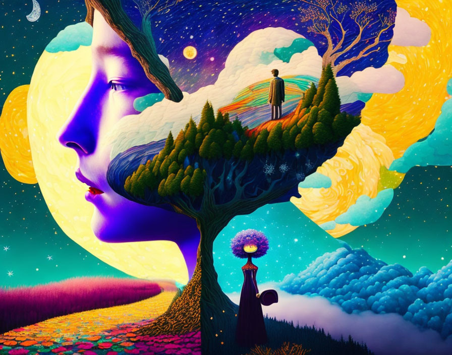 Colorful surreal illustration: Face profile merging with landscape, trees, figure, celestial elements