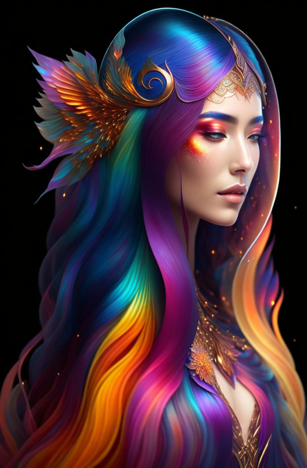 Fantasy digital artwork: Woman with rainbow hair and golden armor