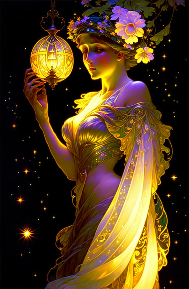 Ethereal woman with floral wreath holding lantern under starry sky