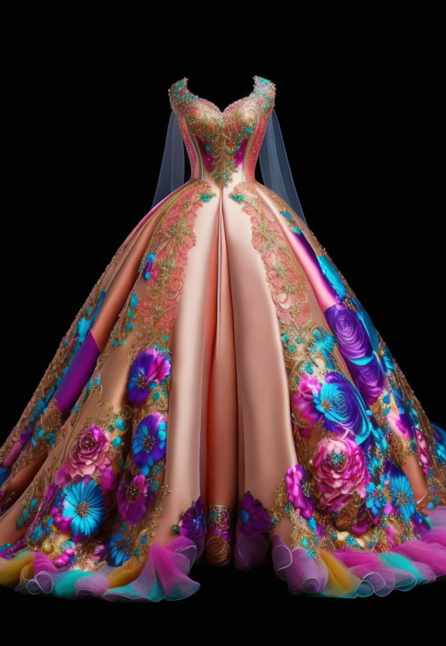 Elegant Peach-Pink Gradient Ball Gown with Floral Embroidery