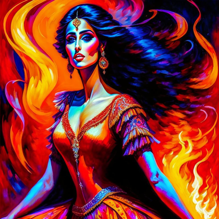 Colorful illustration of woman in red and orange attire with flowing hair against fiery backdrop