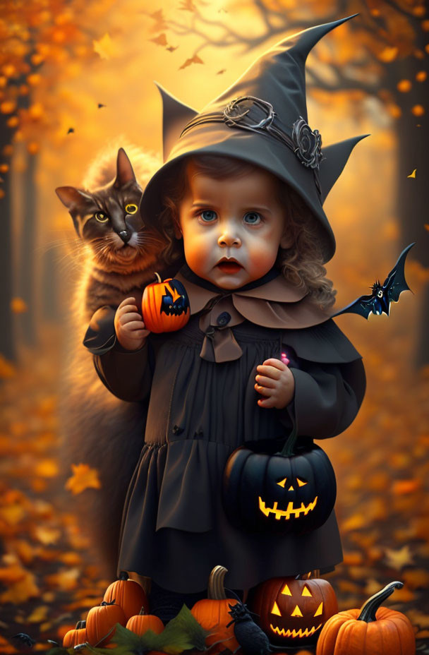 Child in witch costume with jack-o'-lantern basket, cat, pumpkins, and autumn leaves