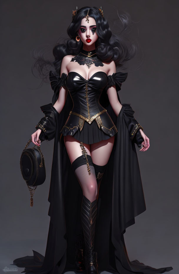 Pale-skinned character in gothic black and gold corset dress with black hair, holding round bag