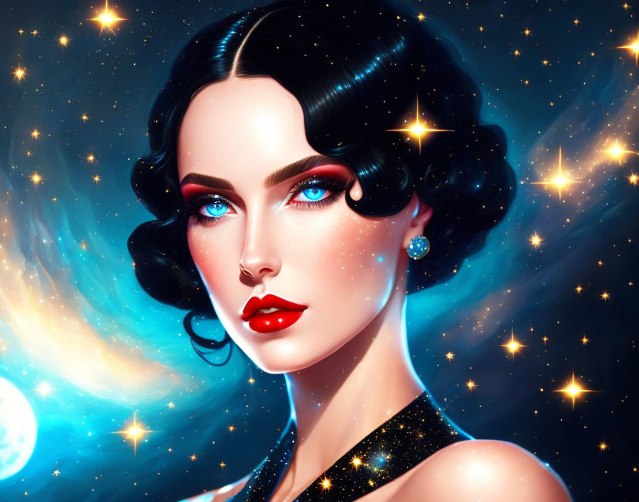 Dark-haired woman portrait with celestial background stars and moon.