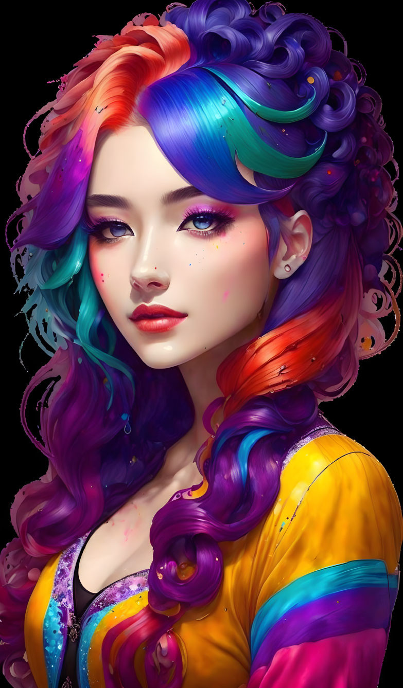 Vibrant woman illustration with multicolored hair and purple makeup