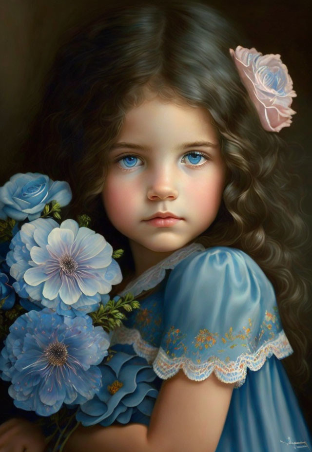 Portrait of Young Girl with Blue Eyes and Curly Dark Hair in Blue Dress