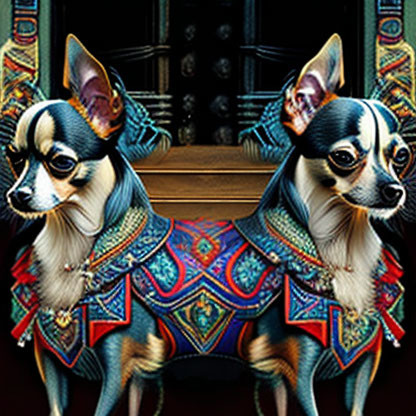 Colorfully Dressed Chihuahuas on Ornate Background