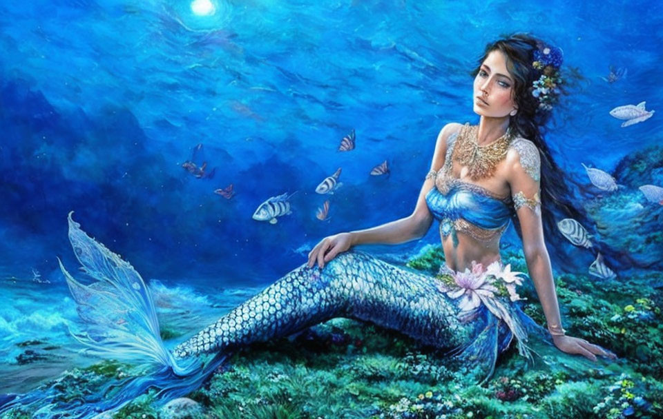 Mermaid with Blue Tail Surrounded by Fish and Glowing Underwater Light