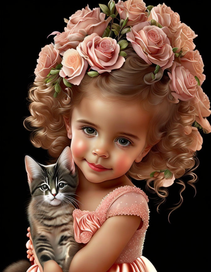 Digital artwork: Young girl with curly hair, rose wreath, holding kitten on dark background