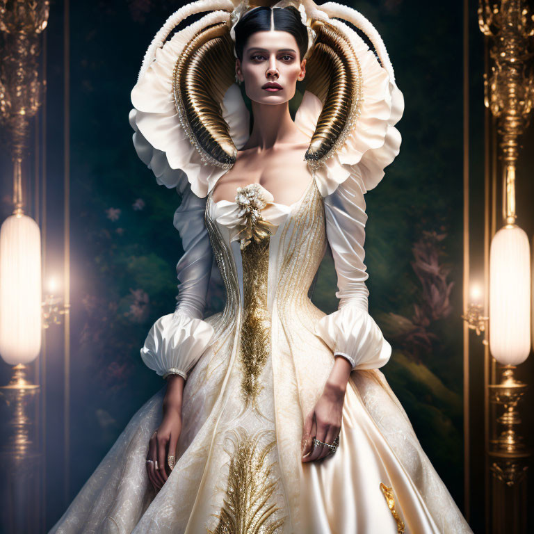 Elaborate white and gold historical dress with ruffled collar in regal room