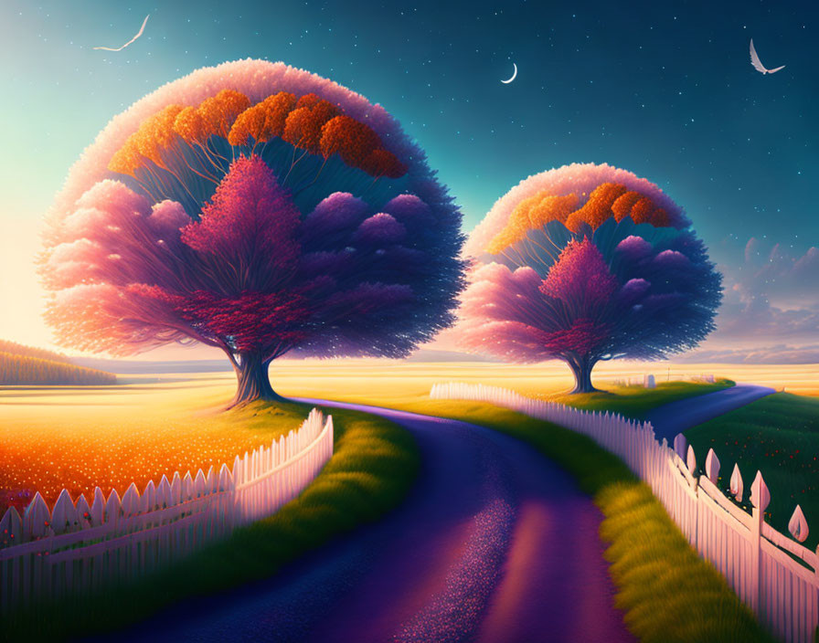 Vibrant oversized trees in whimsical twilight landscape