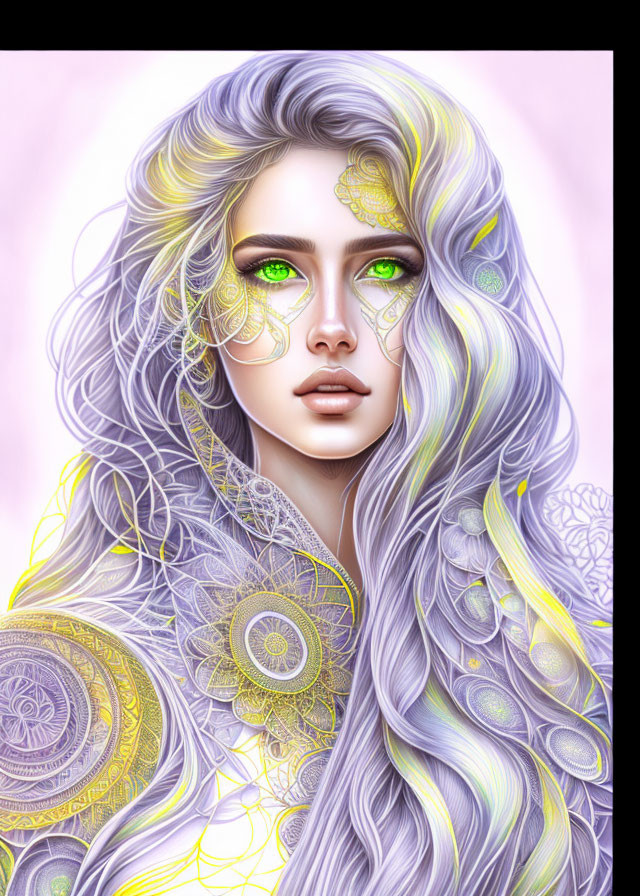 Digital Artwork: Female Figure with Green Eyes, Silver Hair, & Golden Patterns