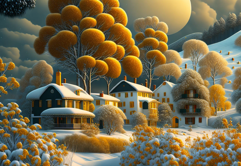 Winter Dusk Scene: Snowy Landscape, Golden Trees, Cozy Houses, Large Moon