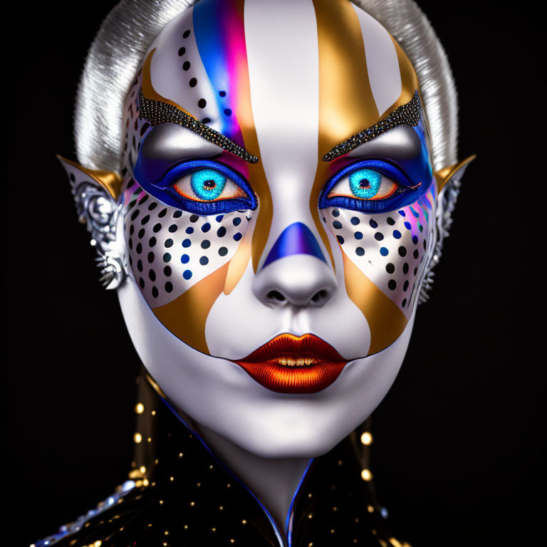 Detailed humanoid figure with blue eyes, white, gold, black face paint, red lips & futuristic head