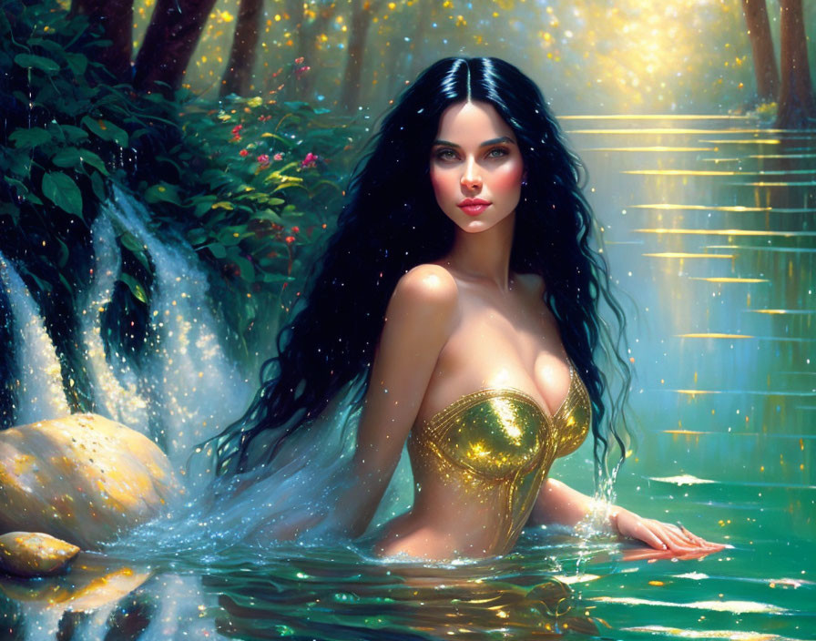 Illustrated woman with long dark hair in gold garment emerges from glistening waters in sunlit forest