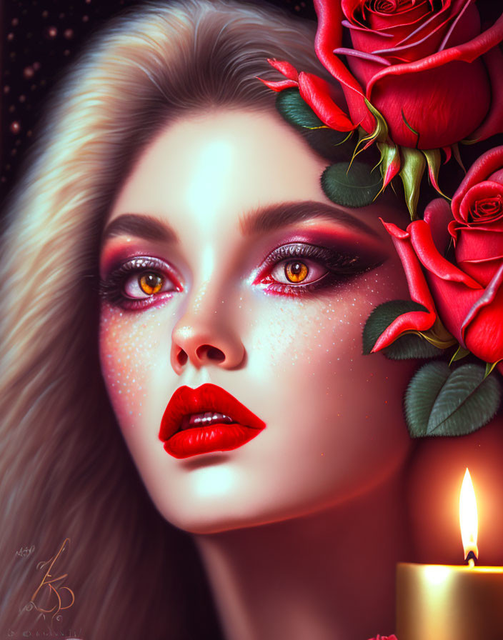 Digital artwork: Woman with red lips and roses, candle, starry background