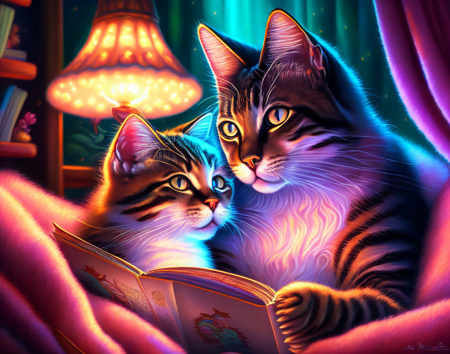 Two cats snuggled together by open book under warm light