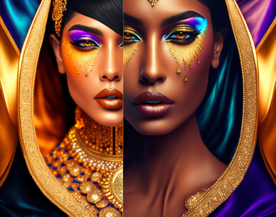 Split-portrait of woman with striking makeup and gold adornments on colorful background