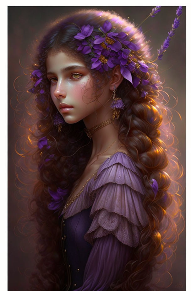 Ethereal woman with wavy hair and purple flower adornments in ruffled dress