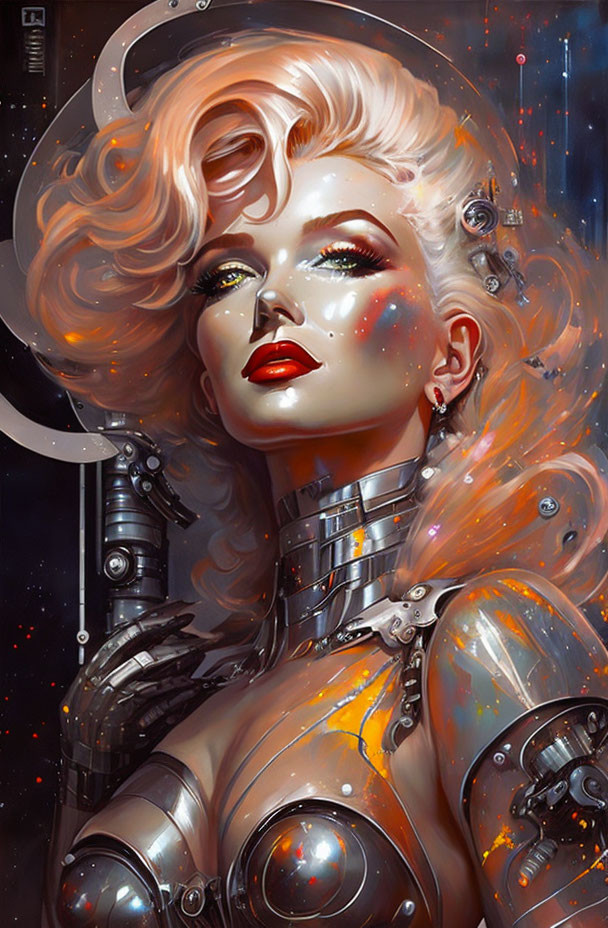 Futuristic portrait of female android with red hair, metallic armor, and cosmic backdrop