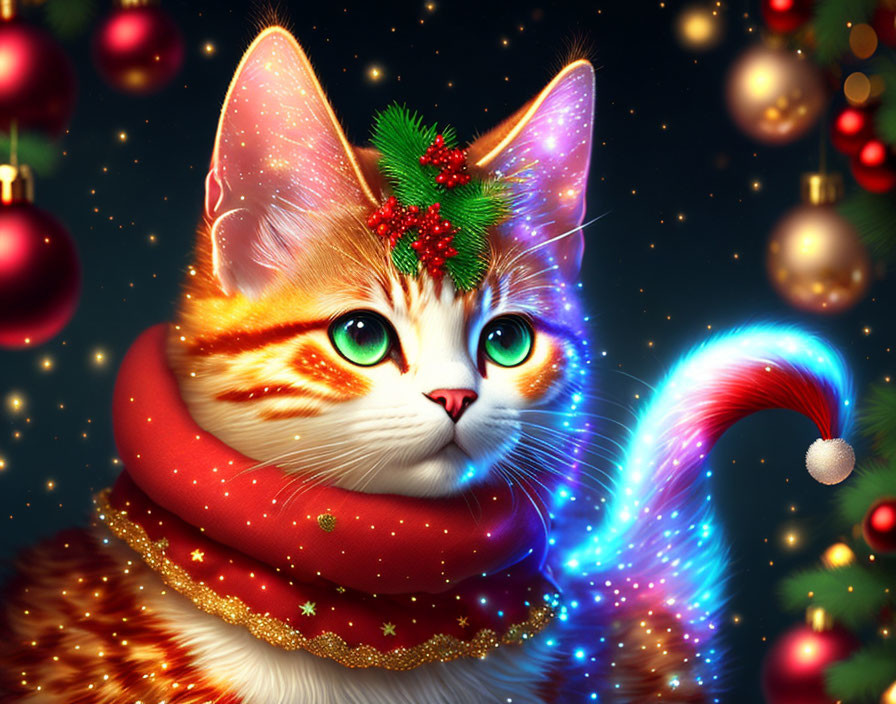 Orange and White Cat Digital Illustration with Christmas Decorations