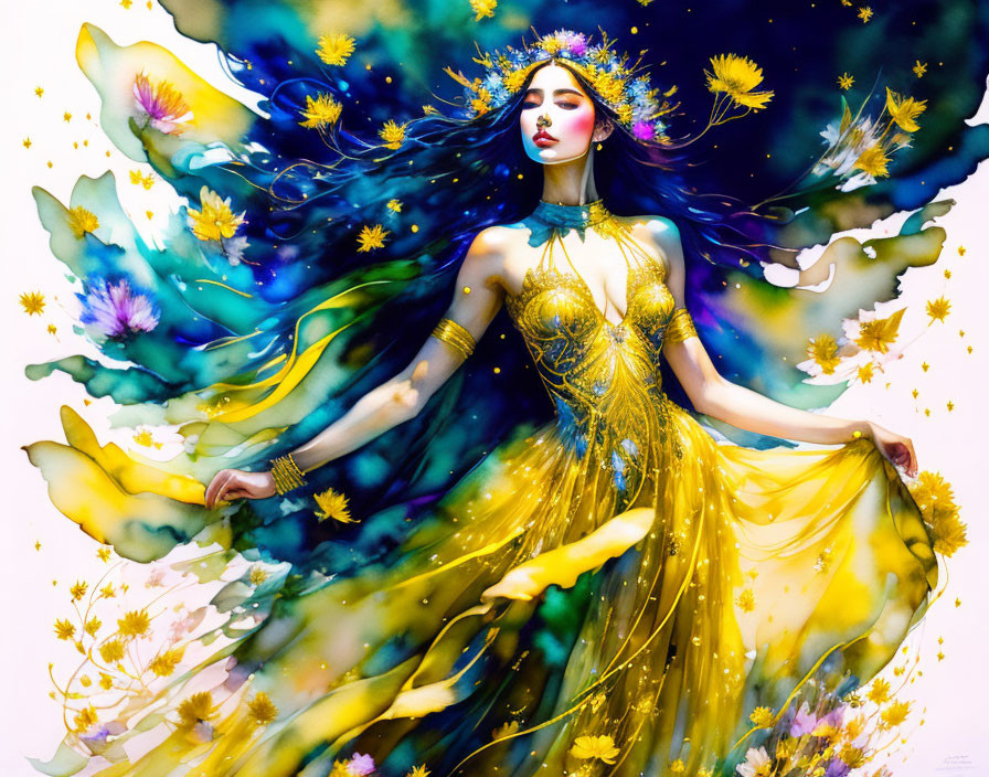 Dark-haired woman in golden dress with flowers, blue butterflies, and yellow petals