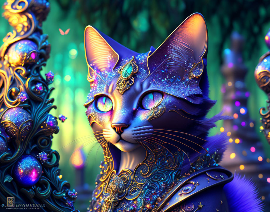 Mystical blue cat with golden jewelry in enchanted forest