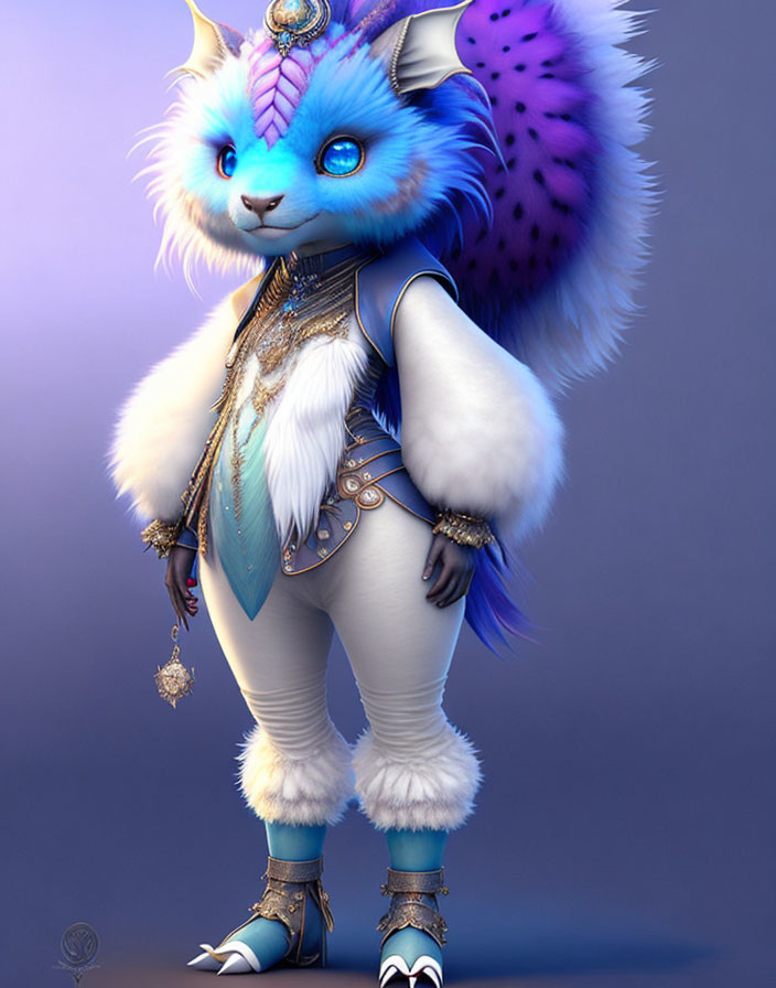 Anthropomorphic creature digital artwork with blue fur and ornate armor