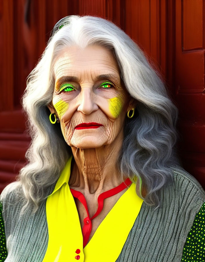 Elderly Woman with Green Eyes and Gray Hair in Yellow Top on Red Background