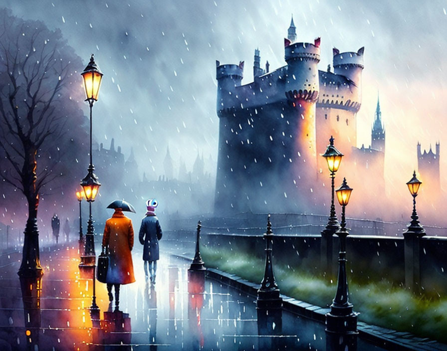 Two individuals walking to a castle in the rain under street lamps on a misty, blue evening