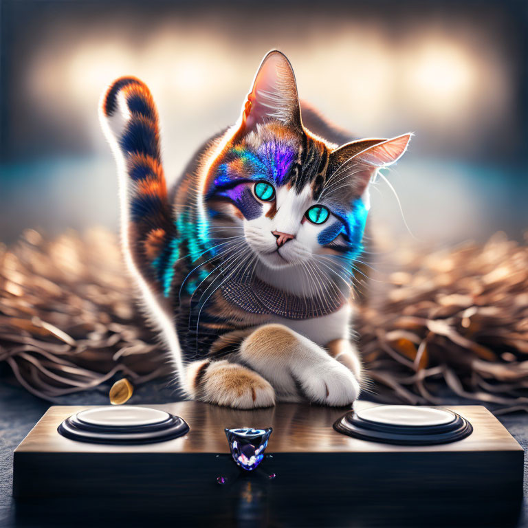 Whimsical cat with vibrant fur playing with joystick