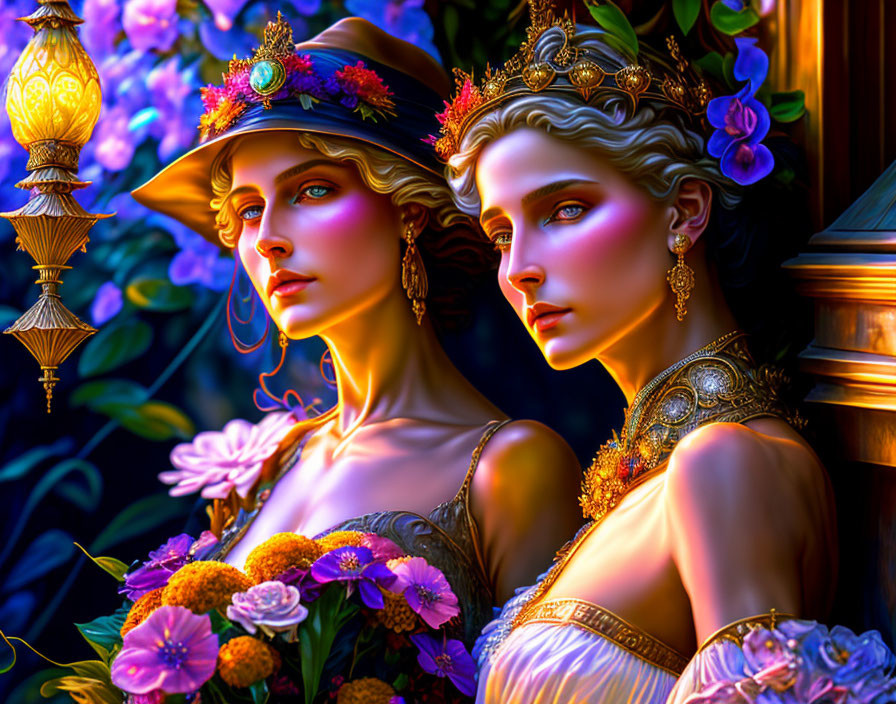 Stylized women with ornate hats and jewelry in fantasy setting