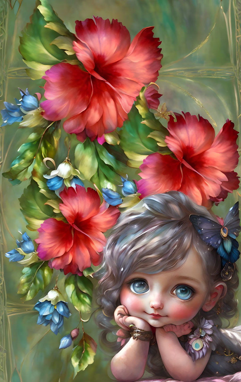 Whimsical child among vibrant flowers in digital art